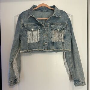 ✨SHEIN silver sparkle fringe jean jacket